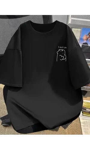Luz&Pos [günlük T-shirt] Hafif Kadın Günlük T-shirt | Bol Kesim, Kısa Kollu, Yuvarlak Yaka, Eğlenceli Karikatür Ayı Ve umrumda Değil Baskı - Günlük Stil, İlkbahar/yaz- Siyah