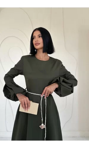 Haki Balon Kollu Kuşaklı Elbise