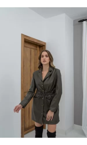 Haki Düğme Deri Ceket