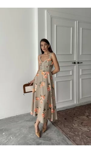 Haki İnce Kemer Detaylı Elbise