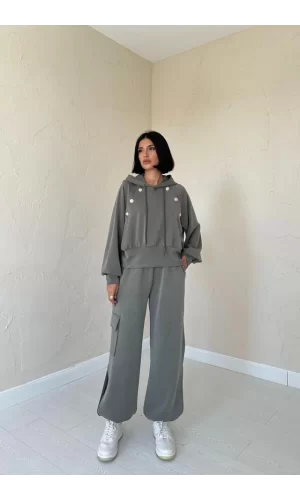 Haki Kapüşonlu Sweatshirt Ve Kargo Pantolon Takım