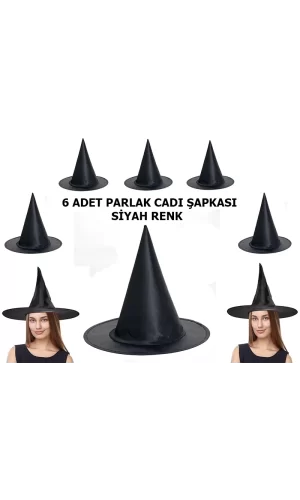 Halloween Siyah Renk Parlak Dralon Cadı Şapkası Yetişkin Ve Çocuk Uyumlu 6 Adet