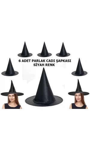 Halloween Siyah Renk Parlak Dralon Cadı Şapkası Yetişkin Ve Çocuk Uyumlu 6 Adet