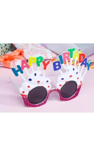 Happy Birthday Yazılı Beyaz Fuşya Renk Parti Gözlüğü 12x7 Cm