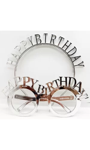 Happy Birthday Yazılı Taç Ve Happy Birthday Yazılı Gözlük Seti Gümüş Renk