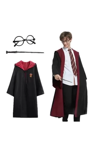 Harry Potter Gryffindor Kapişonlu Çocuk Kostüm + Asa + Gözlük Seti 11-12 Yaş