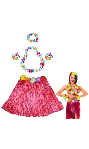 Hawaii Dans Kostümü – Kırmızı Hula Etek  Çiçek Kolye Seti