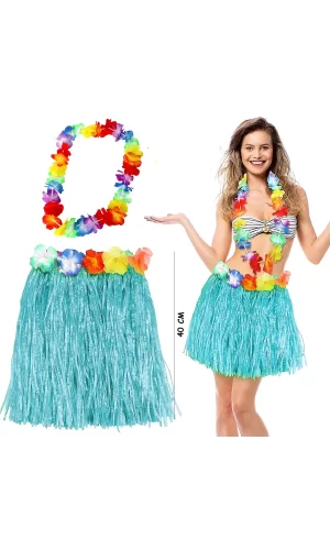 Hawaii Luau Aloha Mavi Püsküllü 40 Cm Etek Ve Hawaii Kolye Seti