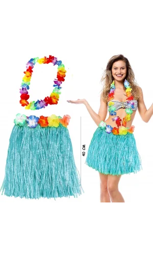 Hawaii Luau Aloha Mavi Püsküllü 40 Cm Etek Ve Hawaii Kolye Seti