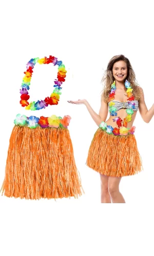 Hawaii Luau Aloha Turuncu Püsküllü 40 Cm Etek Ve Hawaii Kolye Seti