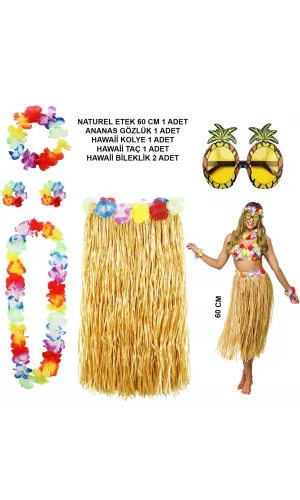 Hawaii Parti Kostüm Seti - 60 cm Hasır Etek, Çiçekli Aksesuarlar ve Ananas Gözlük