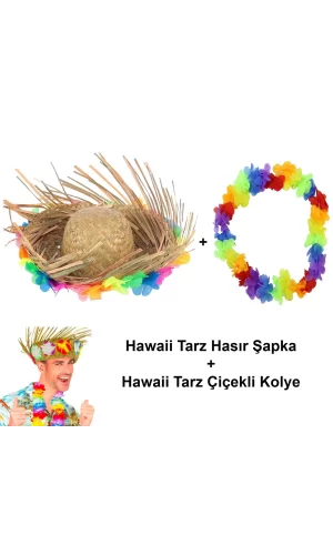 Hawaii Tarzı Tropikal Çiçekli Hasır Şapka Ve Çiçekli Hawaii Kolye