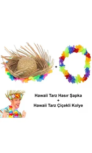 Hawaii Tarzı Tropikal Çiçekli Hasır Şapka ve Çiçekli Hawaii Kolye