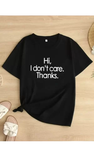 Luz&Pos Hi, I Dont Care. Thanks. (merhaba, Önemli Değil. Teşekkürler.) Baskılı Oversize Bisiklet Yaka T-shirt - Siyah