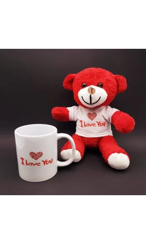 I Love You Baskılı Kupa Ve Kırmızı Ayıcık Seti