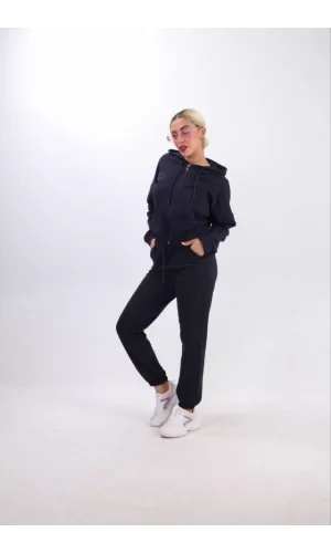Iki Iplik Kapüşonlu Fermuarlı Crop Oversize Hırka Takım- Lacivert