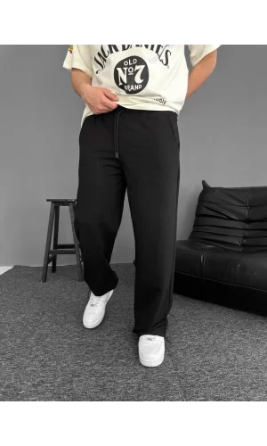 Luz&Pos İki İplik Kumaş Beli Lastikli Boru Paça Baggy Alt Esofman - Siyah