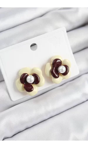 İnci Detaylı Krem Kahverengi Renk Papatya Model Kadın Küpe