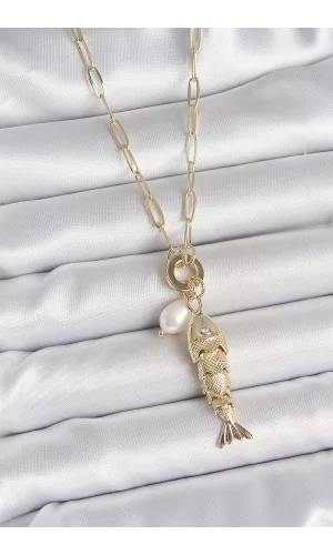 İnci Detaylı Zirkon Taşlı Balık Figürlü Gold Renk Pirinç Kolye