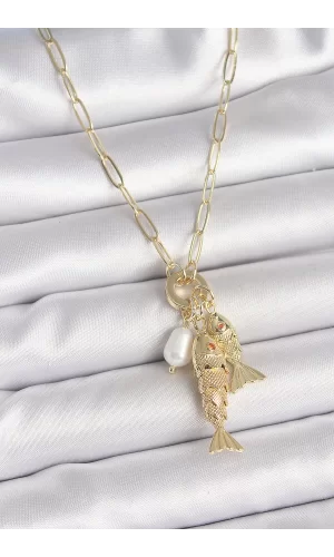 İnci Detaylı Zirkon Taşlı Çiftli Balık Figürlü Gold Renk Pirinç Kolye