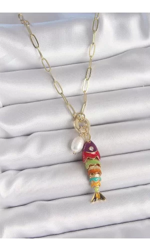 İnci Detaylı Zirkon Taşlı Rainbow Balık Figürlü Gold Renk Pirinç Kolye