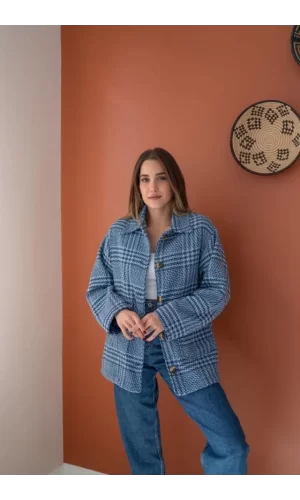 İndigo Düğmeli Ekoseli Kaban
