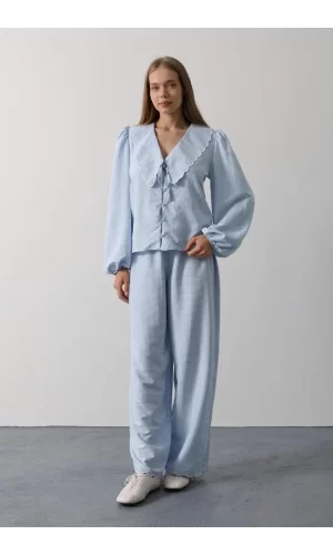 İşlemeli Bebe Yakalı Pantolon Takım - Bebe Mavisi