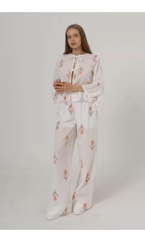 İşlemeli Oversize Pantolon - Beyaz