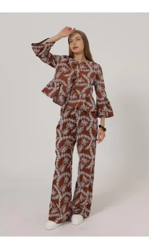 İşlemeli Oversize Pantolon - Kahve
