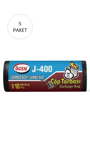 J-400 Jumbo Boy Çöp Torbası 80 x 110 cm 10 Lu Rulo x 5 Paket = 50 Adet (Siyah)