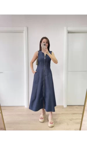 Luz&Pos Jeans Kot Önü Tam Fermuarlı Kadın Uzun Elbise - Mavi