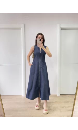 Jeans Kot Önü Tam Fermuarlı Uzun Elbise - Mavi