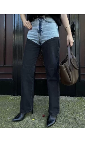 Jeans Kot Parçalı Palazzo Pantolon - Siyah