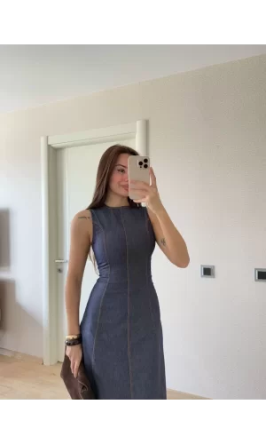 Luz&Pos Jeans Kot Uzun Elbise - Lacivert