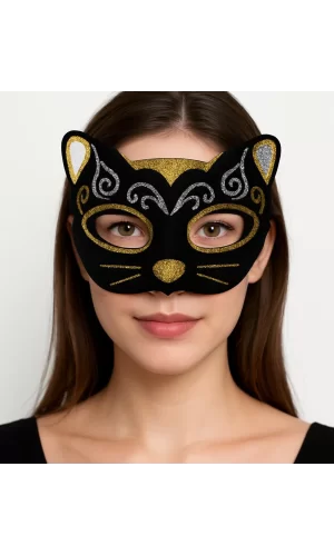 Kadife Dokulu Simli Kedi Maskesi Altın Gümüş Detaylı