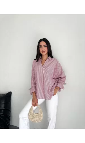 Luz&Pos Kadın Arkası Asimetrik Yırtmaç Kesim Detaylı Cizgili Bluz Gömlek - Bordo