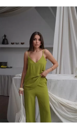 Kadın Askılı Bluz Ve Bol Paça Pantolon Ikili Takım
