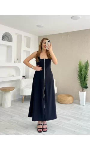 Kadın Askılı Kare Yaka önden Fermuarlı Geniş Kesim Janjan Krep Elbise