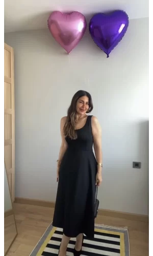 Kadın Askılı Kare Yaka Yırtmaçlı Midi Janjan Krep Elbise