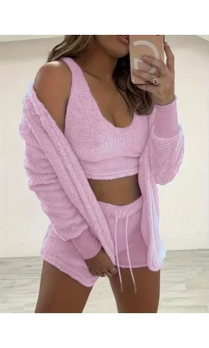 Kadın Askılı Peluş Bluz,şort Ve Ceket üçlü Takım
