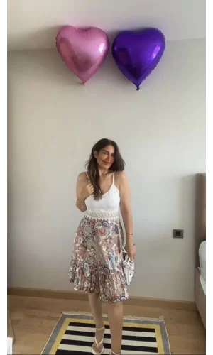 Kadın Askılı V Yakalı üst Dantel Alt Süprem Mini Elbise