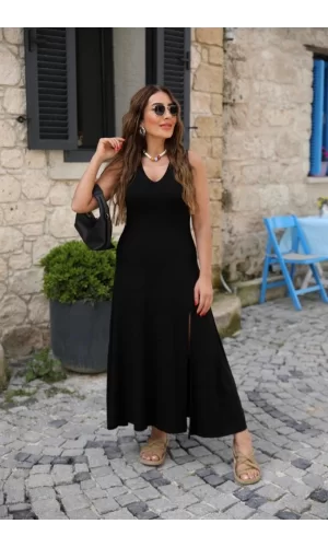 Kadın Askılı V Yakalı Yırtmaçlı Viskon Elbise