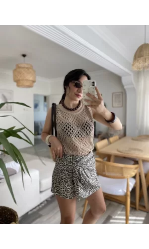 Kadın Askılı Yuvarlak Yaka Geometrik Desenli Triko Bluz