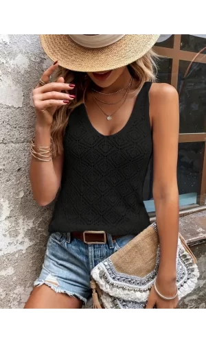 Kadın Baklava Desen Detaylı Kalın Askılı Triko Bluz
