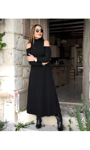 Kadın Balıkçı Yaka Omuzlardan Açık Uzun Kollu Janjan Krep Elbise