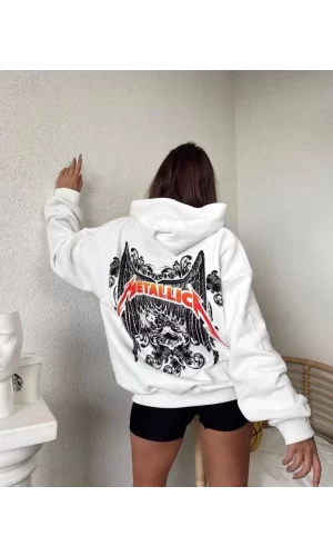 Luz&Pos Kadın Baskılı Kapüşonlu Sweat - Beyaz