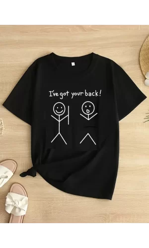 Luz&Pos Kadın Beyaz ıve Got Your Back Grafik Tişört - Eğlenceli Çubuk Tasarımlı Oversize Günlük Kısa Kollu Tişört, Polyester Örgü, Yuvarlak Yaka, İlkbahar Ve Yaz İçin Mükemmel, Günlük Giyim Tişört | Eğlenceli Tasarım | Polyester Kumaş- Siyah