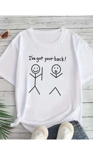 Luz&Pos Kadın Beyaz ıve Got Your Back Grafik Tişört - Eğlenceli Çubuk Tasarımlı Oversize Günlük Kısa Kollu Tişört, Polyester Örgü, Yuvarlak Yaka, İlkbahar Ve Yaz İçin Mükemmel, Günlük Giyim Tişört | Eğlenceli Tasarım | Polyester Kumaş - Beyaz