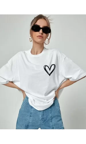 Luz&Pos Kadın Bisiklet Yaka Baskılı Oversize T-shirt - Beyaz