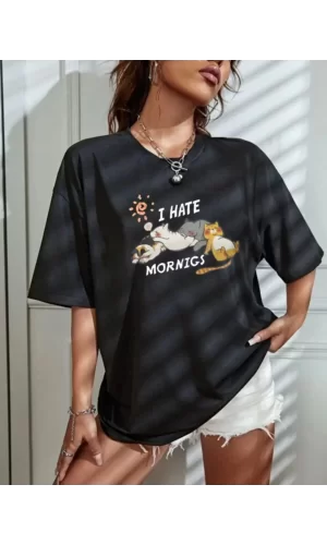 Luz&Pos Kadın Bisiklet Yaka Baskılı Oversize T-shirt - Siyah